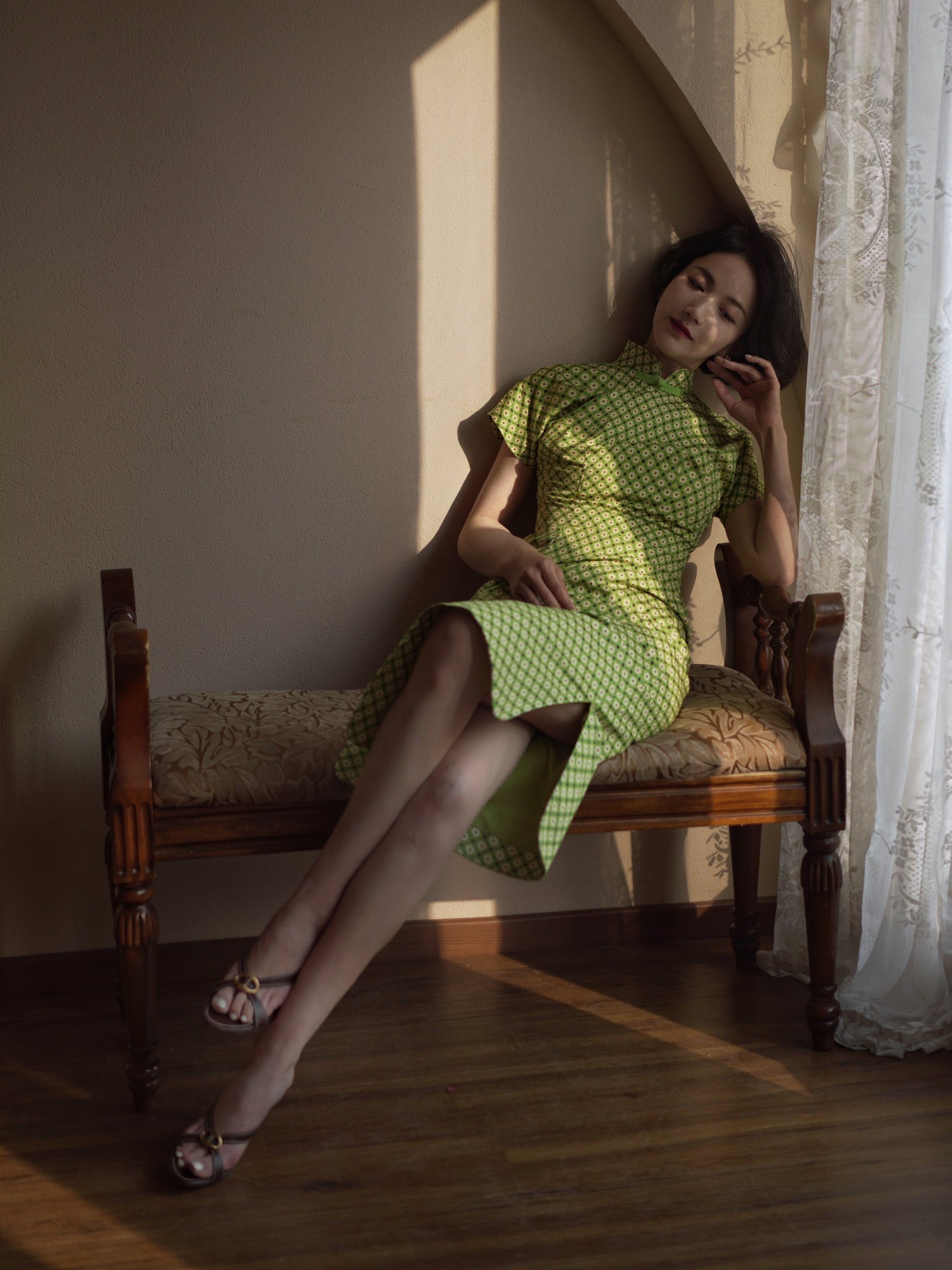 yellow green cheongsam dress