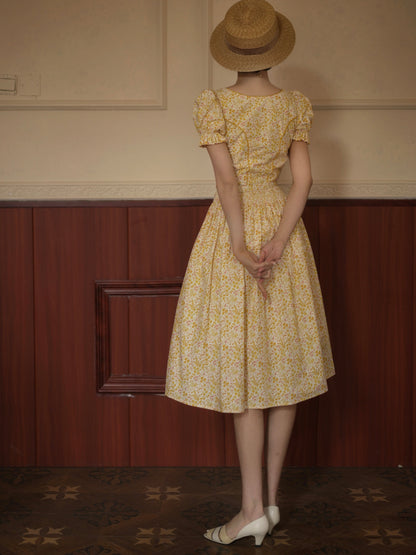 Yellow flower retro dress and embroidered apron