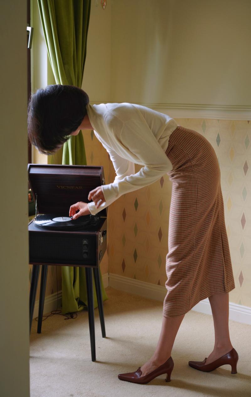 Orange brown houndstooth tweed tube skirt