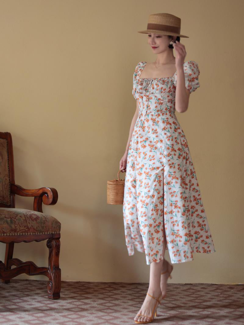 Red Orange Flower Pattern French Retro Dress