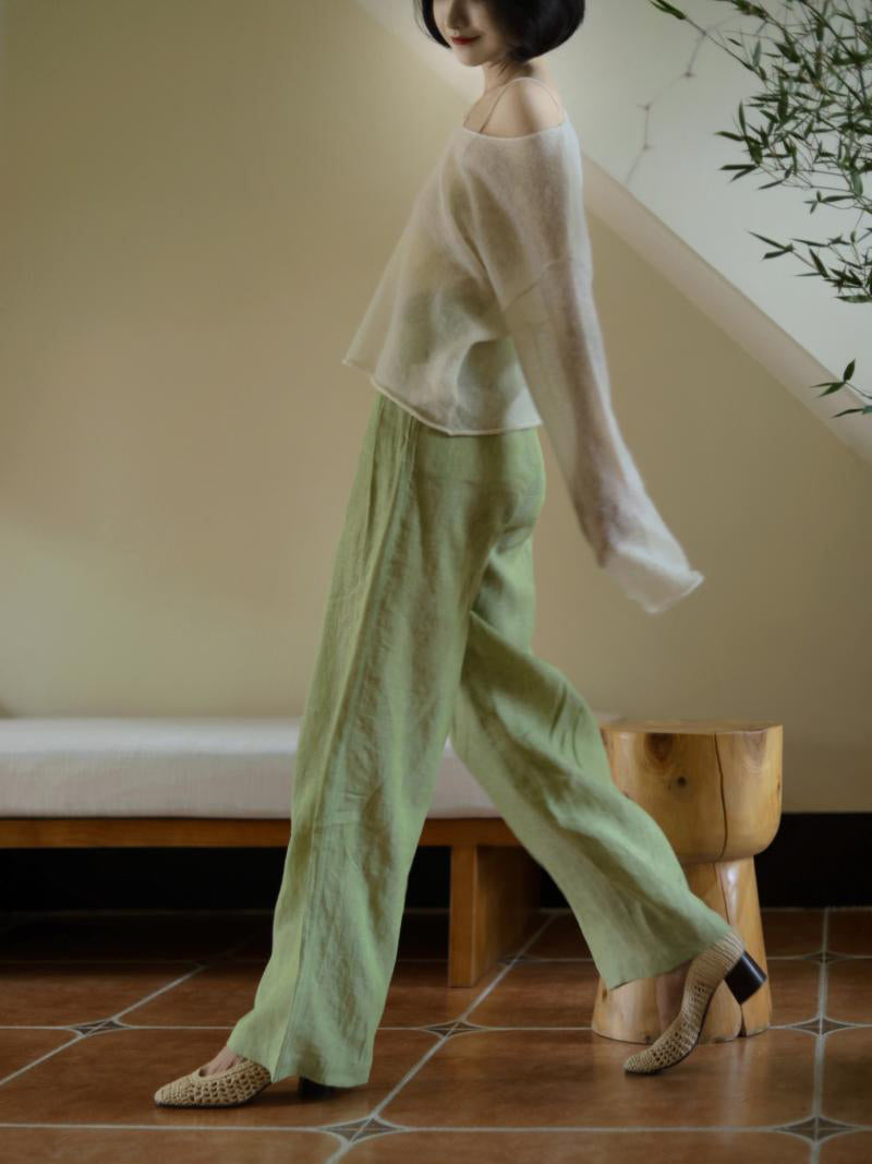 Yellow Light Green Lady Wide Leg Linen Pants