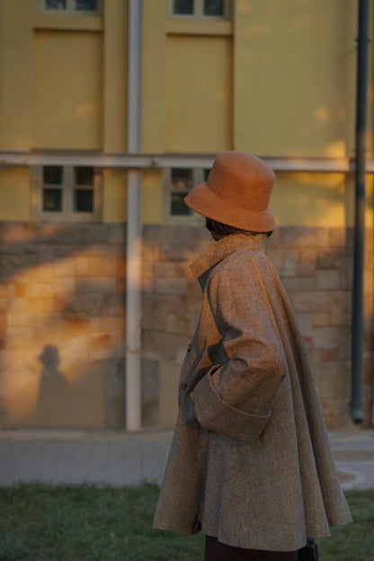 Gray brown lady herringbone wool coat