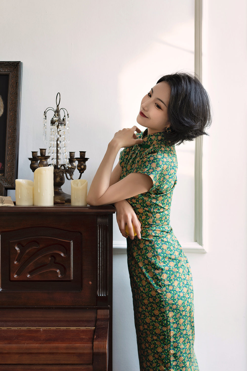 Deep green small sunflower cheongsam dress