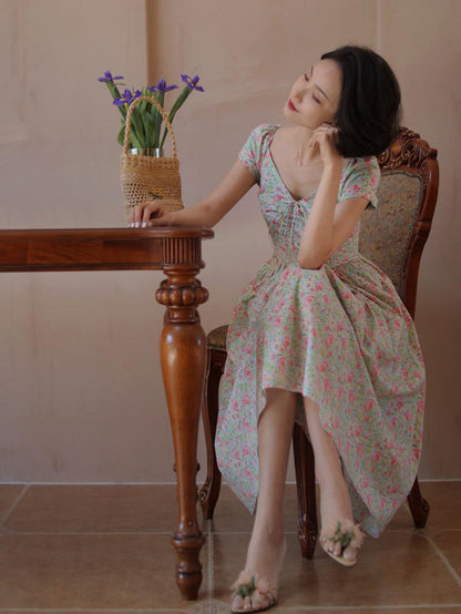 Peach green flower crowd retro dress