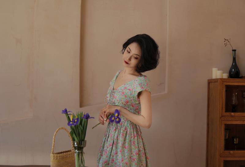 Peach green flower crowd retro dress