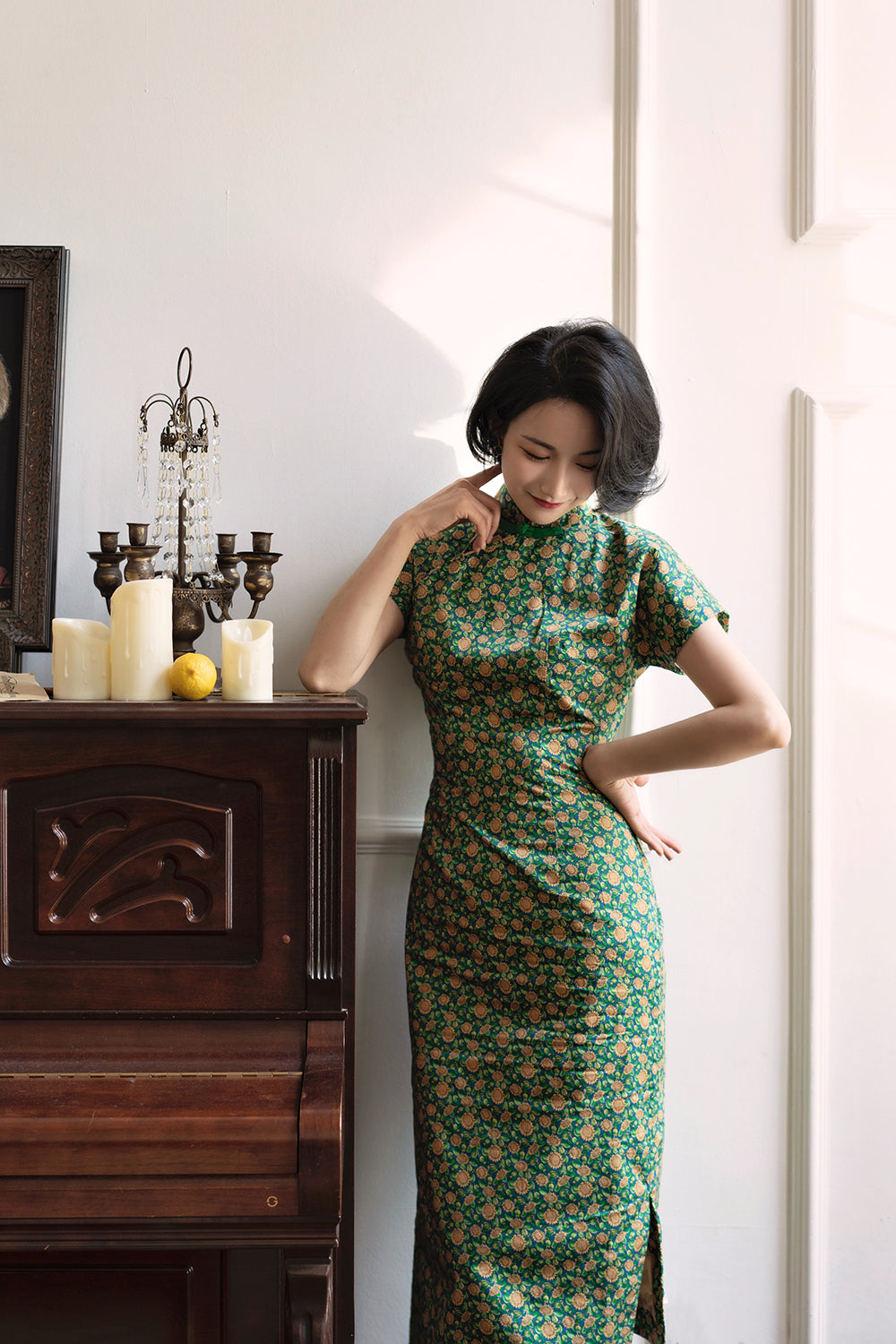 Deep green small sunflower cheongsam dress