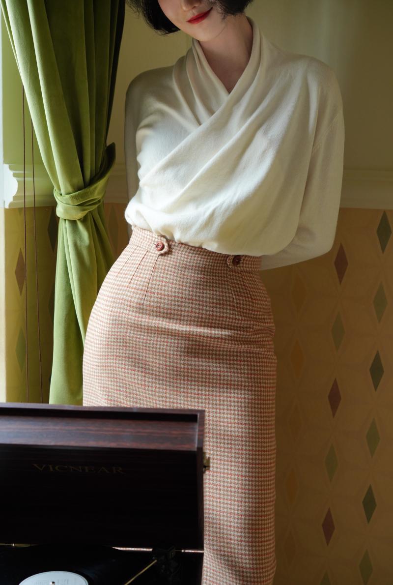 Orange brown houndstooth tweed tube skirt