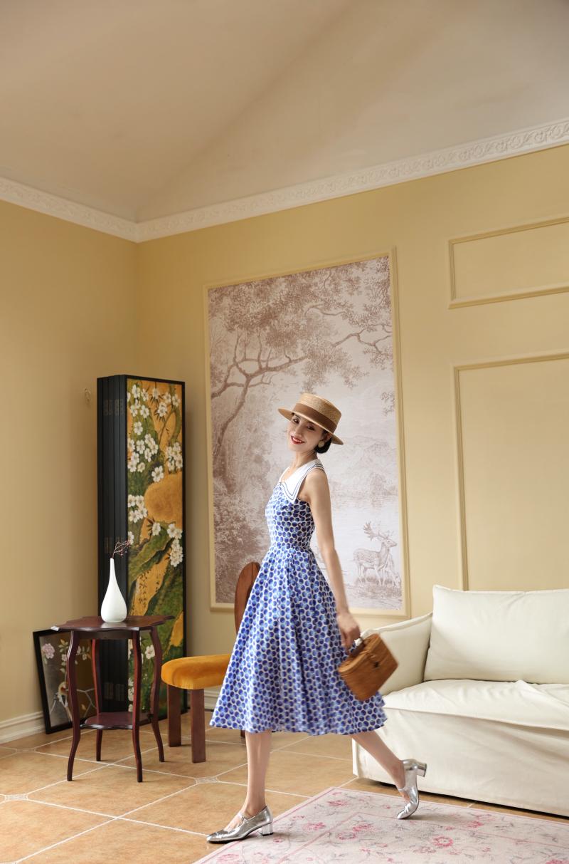 Blue indigo polka dot classical dress