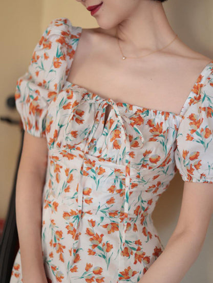 Red Orange Flower Pattern French Retro Dress