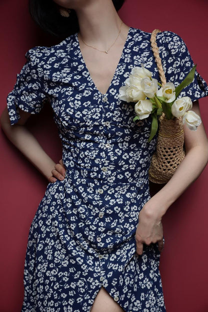 Lapis navy blue flower French retro dress