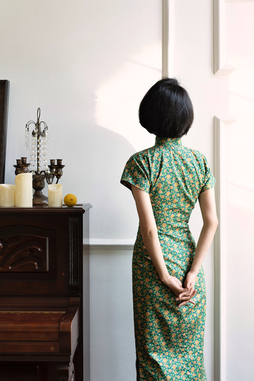 Deep green small sunflower cheongsam dress