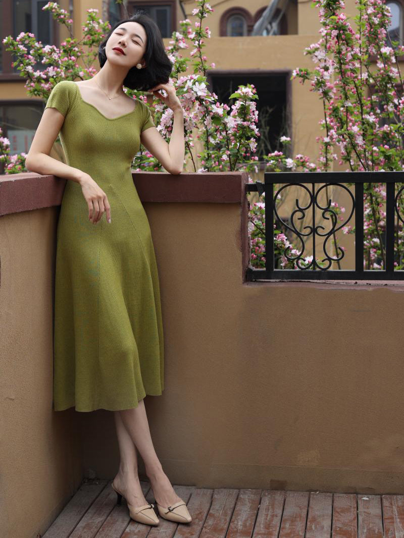 Green Ladies Slim Knit Dress and Knit Bolero