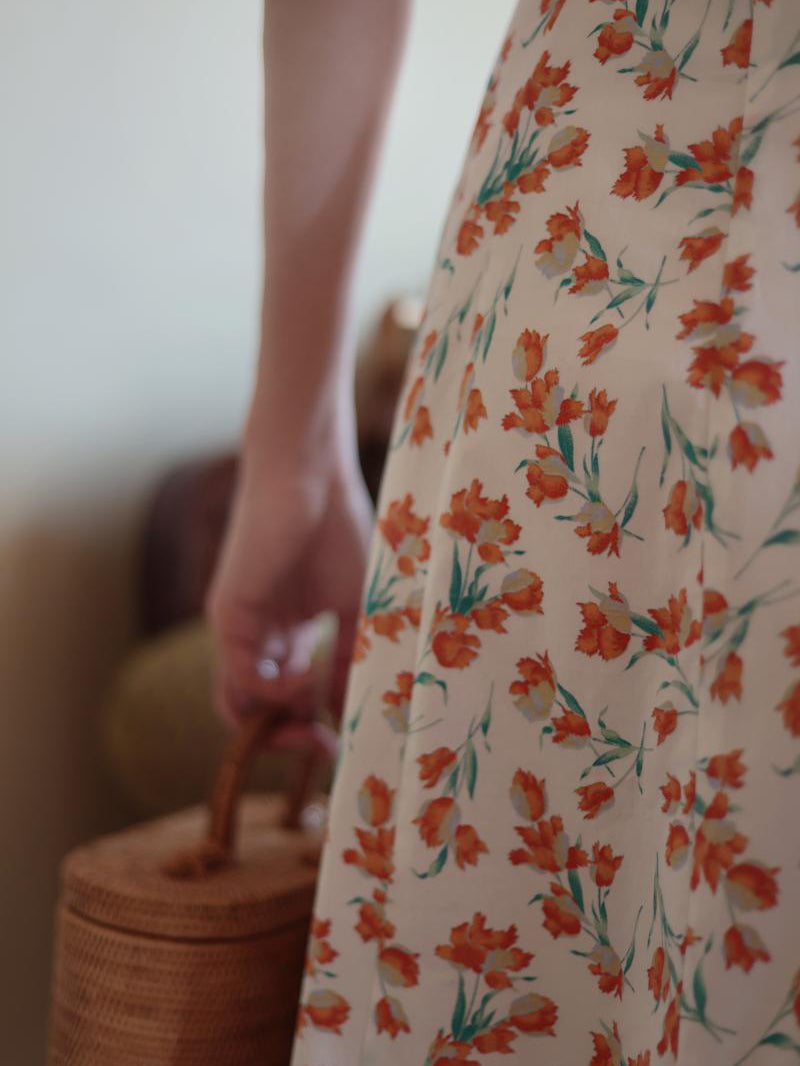 Red Orange Flower Pattern French Retro Dress