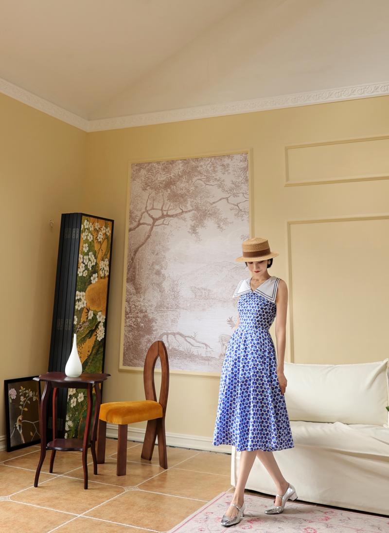 Blue indigo polka dot classical dress