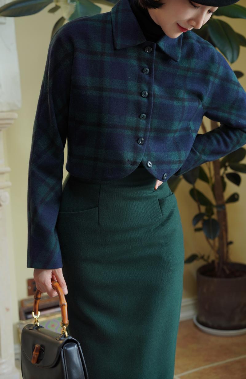 Indigo Green Plaid Classical Short Jacket