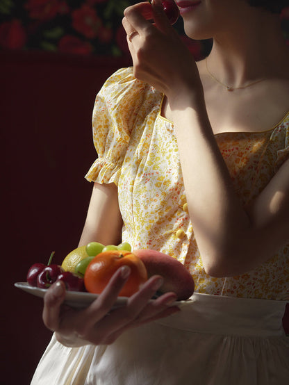 Yellow flower retro dress and embroidered apron