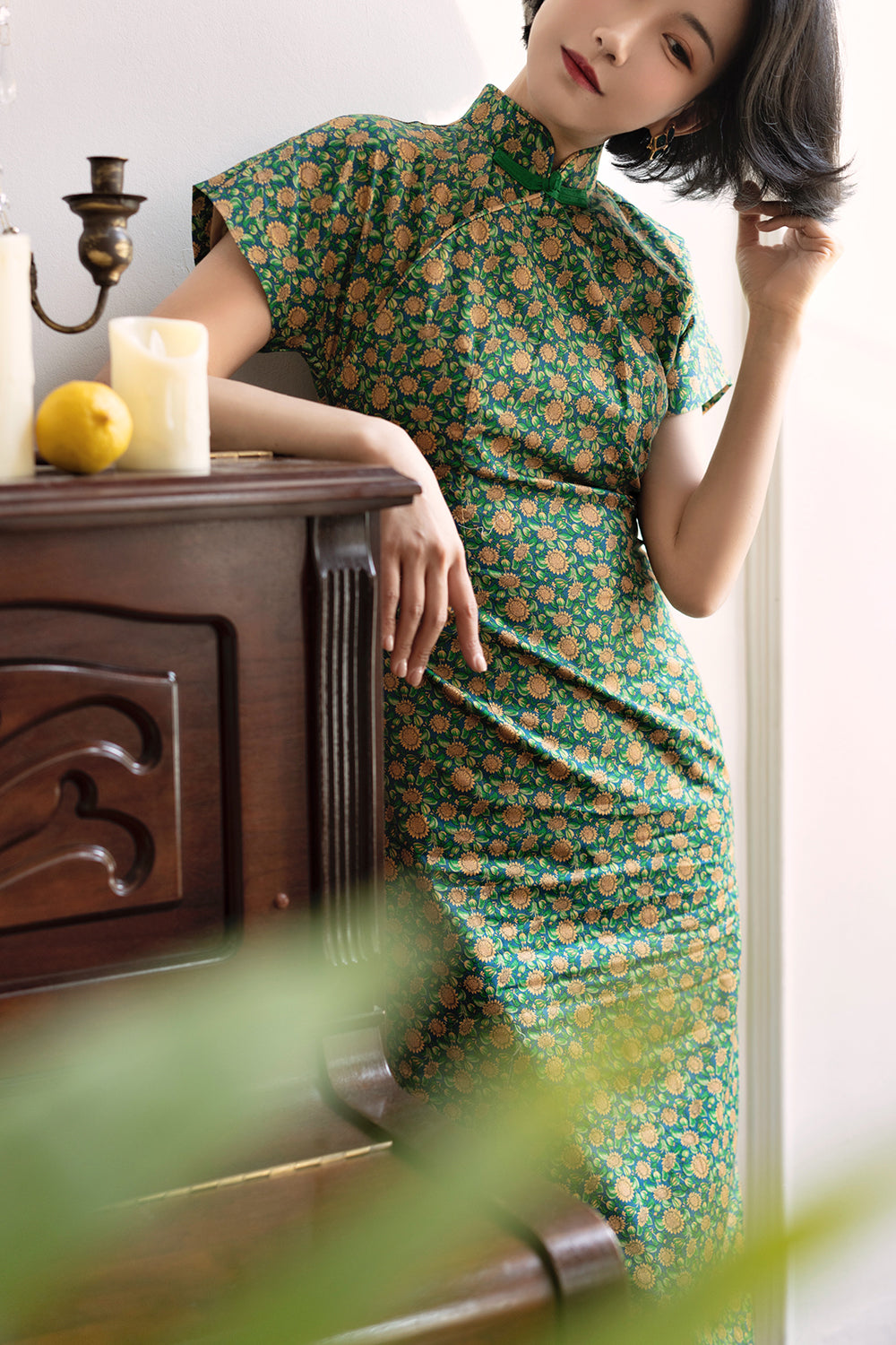 Deep green small sunflower cheongsam dress