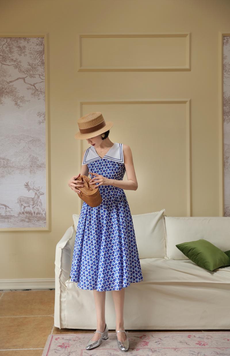 Blue indigo polka dot classical dress