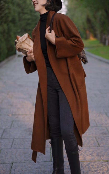 Gray Brown Lady Classical Long Wool Coat