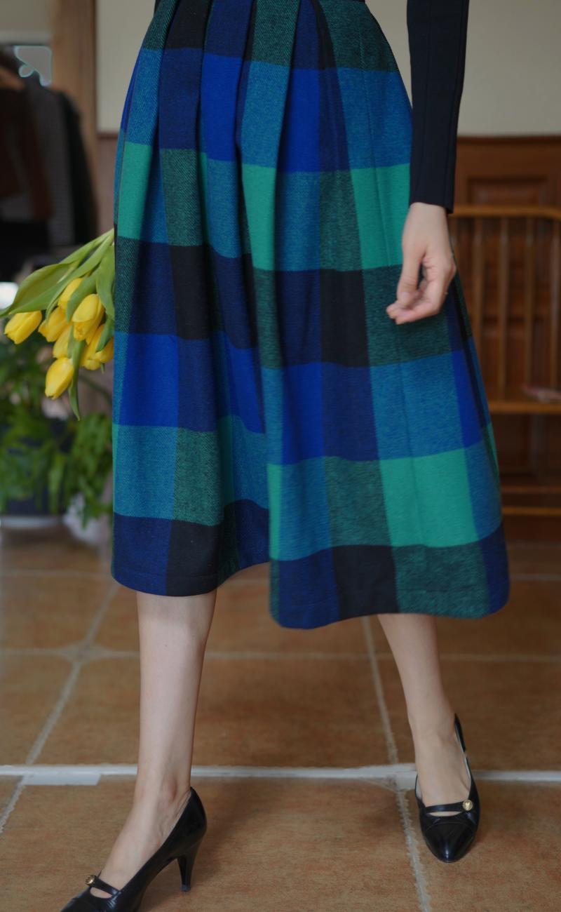 Indigo Green Plaid Retro Umbrella Skirt