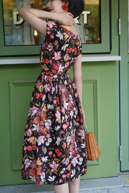 Retro flower sketch wide neck dress