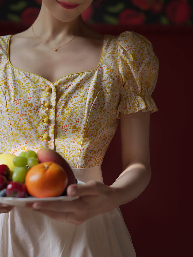 Yellow flower retro dress and embroidered apron