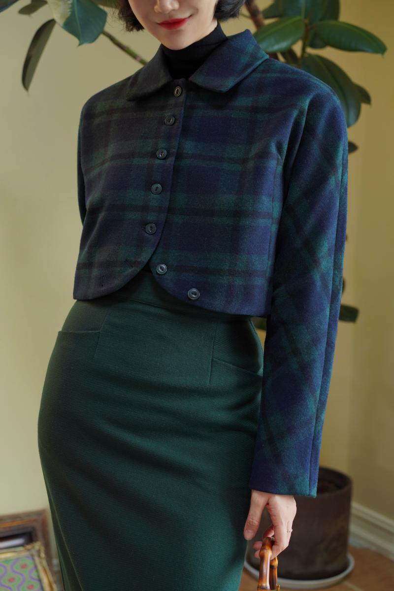 Indigo Green Plaid Classical Short Jacket