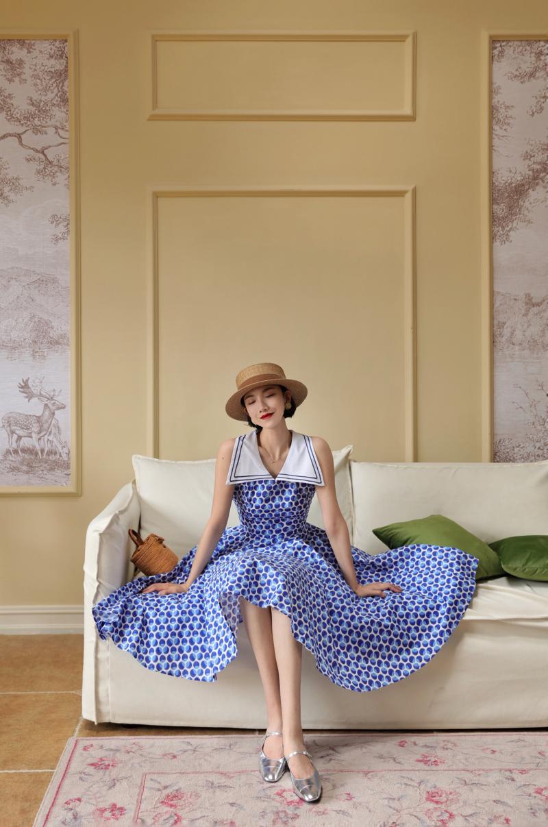 Blue indigo polka dot classical dress