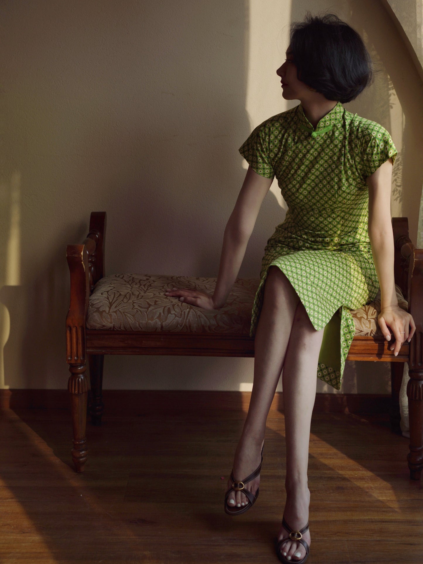 yellow green cheongsam dress