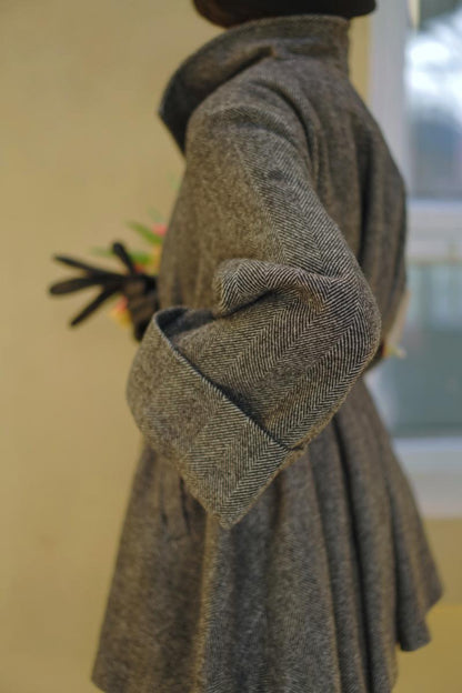 Black lady herringbone wool coat