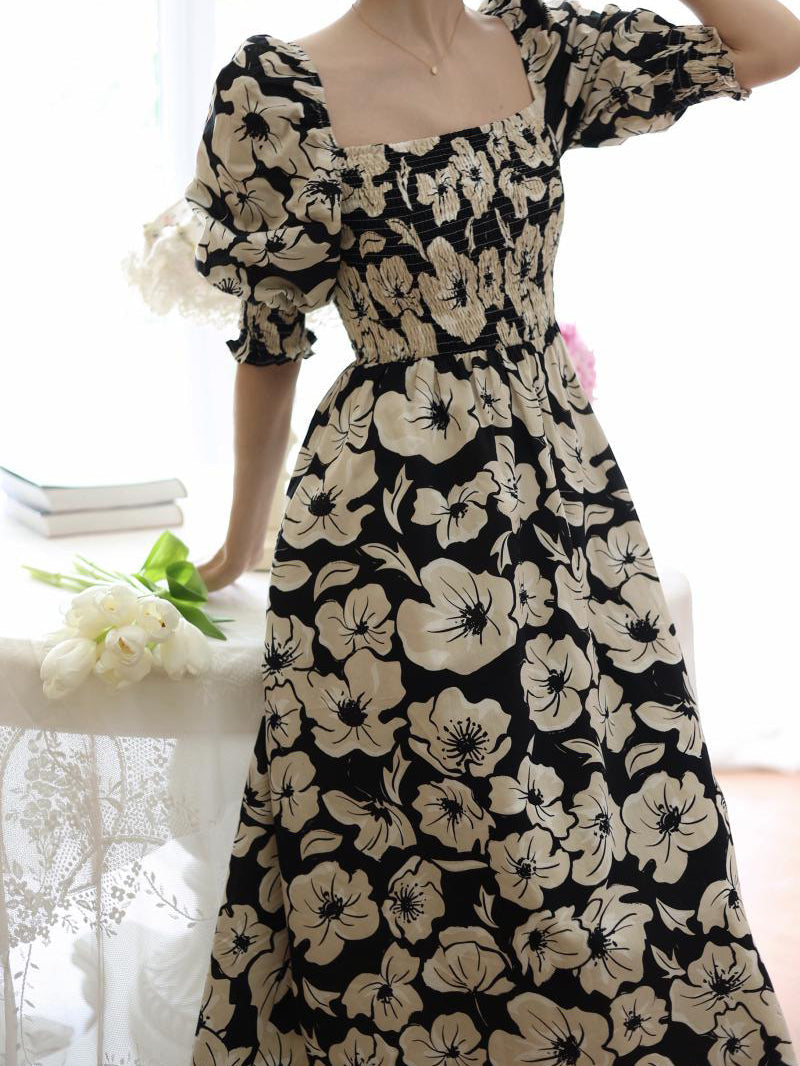 Jet black flower retro dress