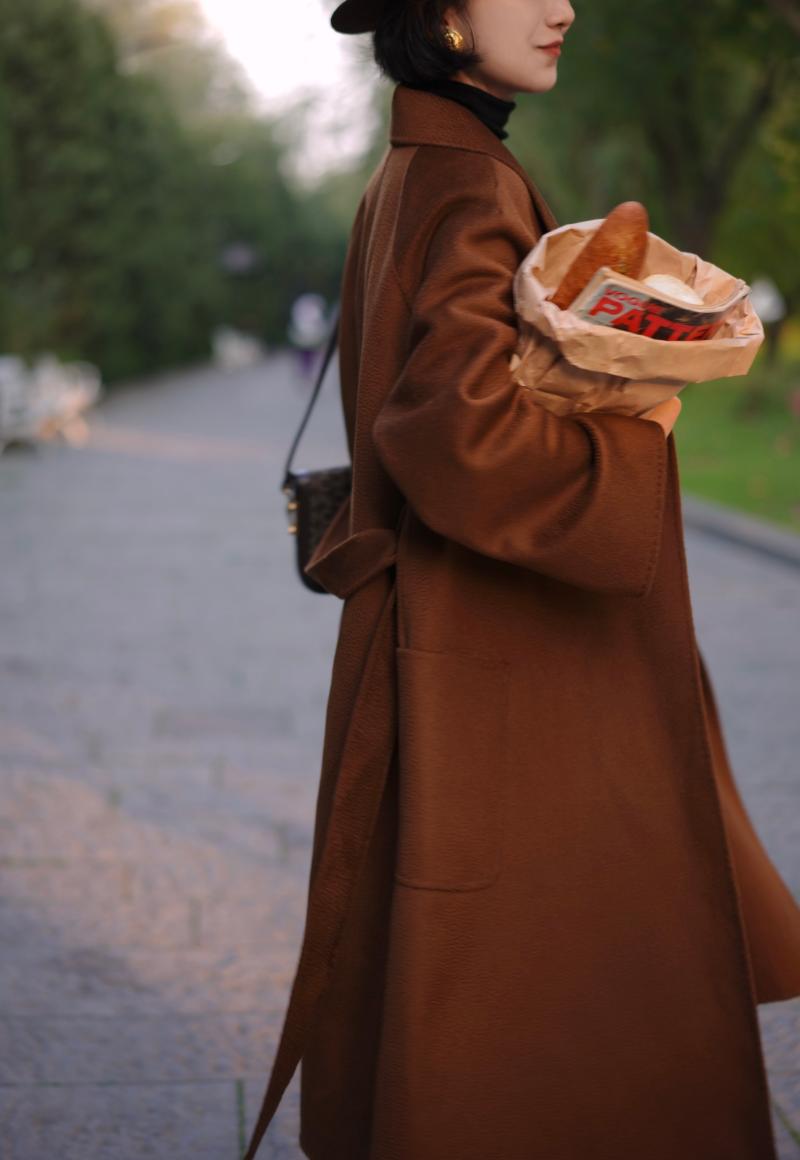 Gray Brown Lady Classical Long Wool Coat