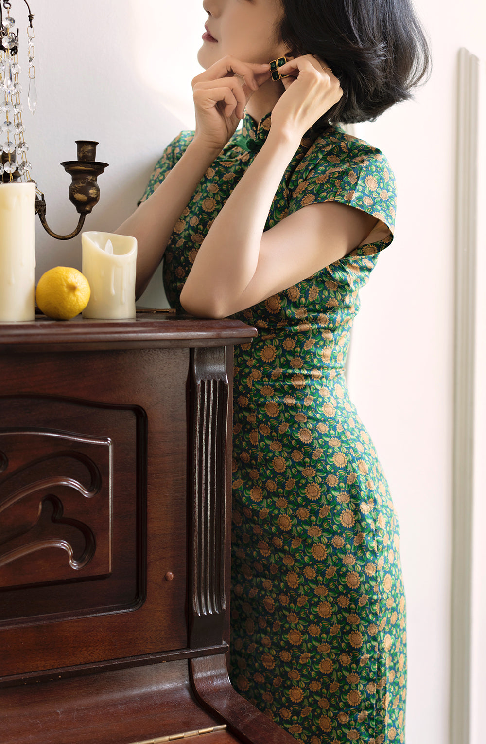 Deep green small sunflower cheongsam dress