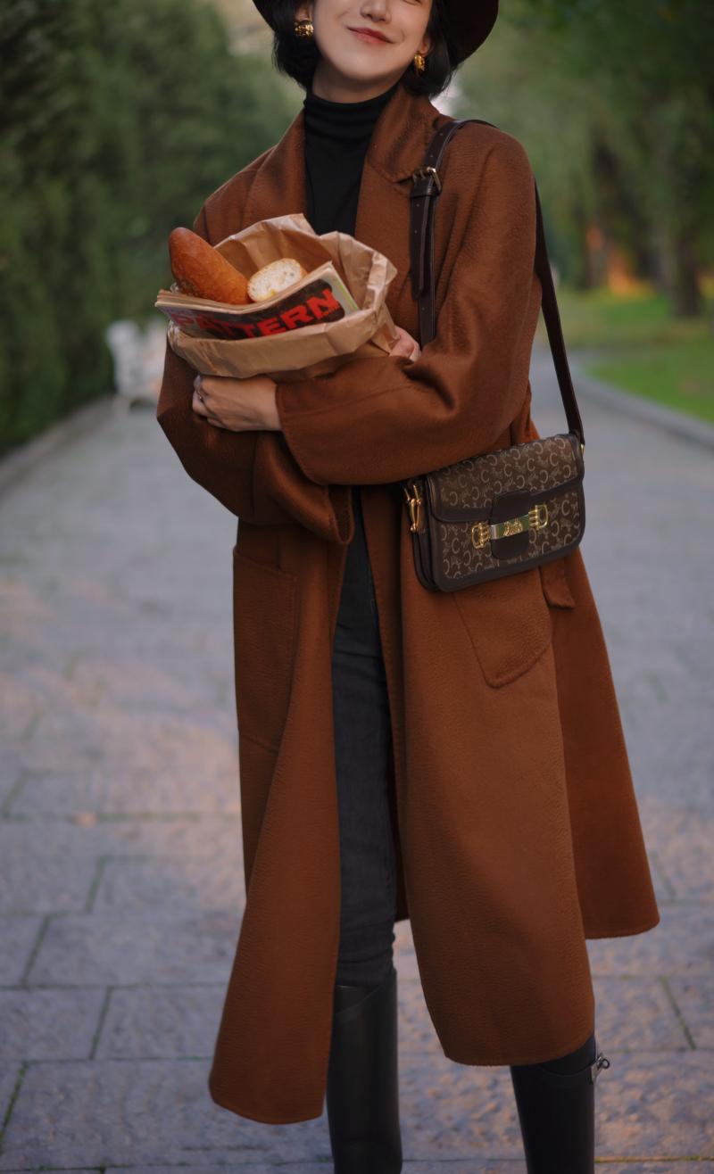 Gray Brown Lady Classical Long Wool Coat