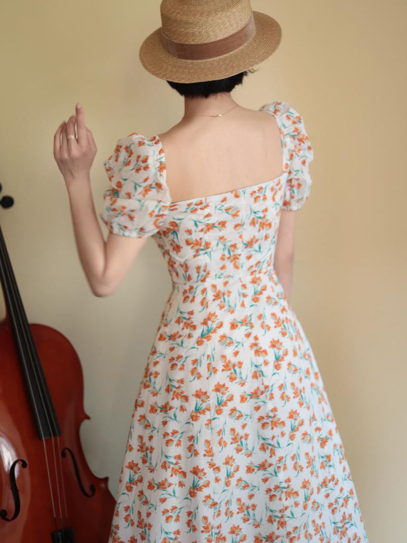 Red Orange Flower Pattern French Retro Dress