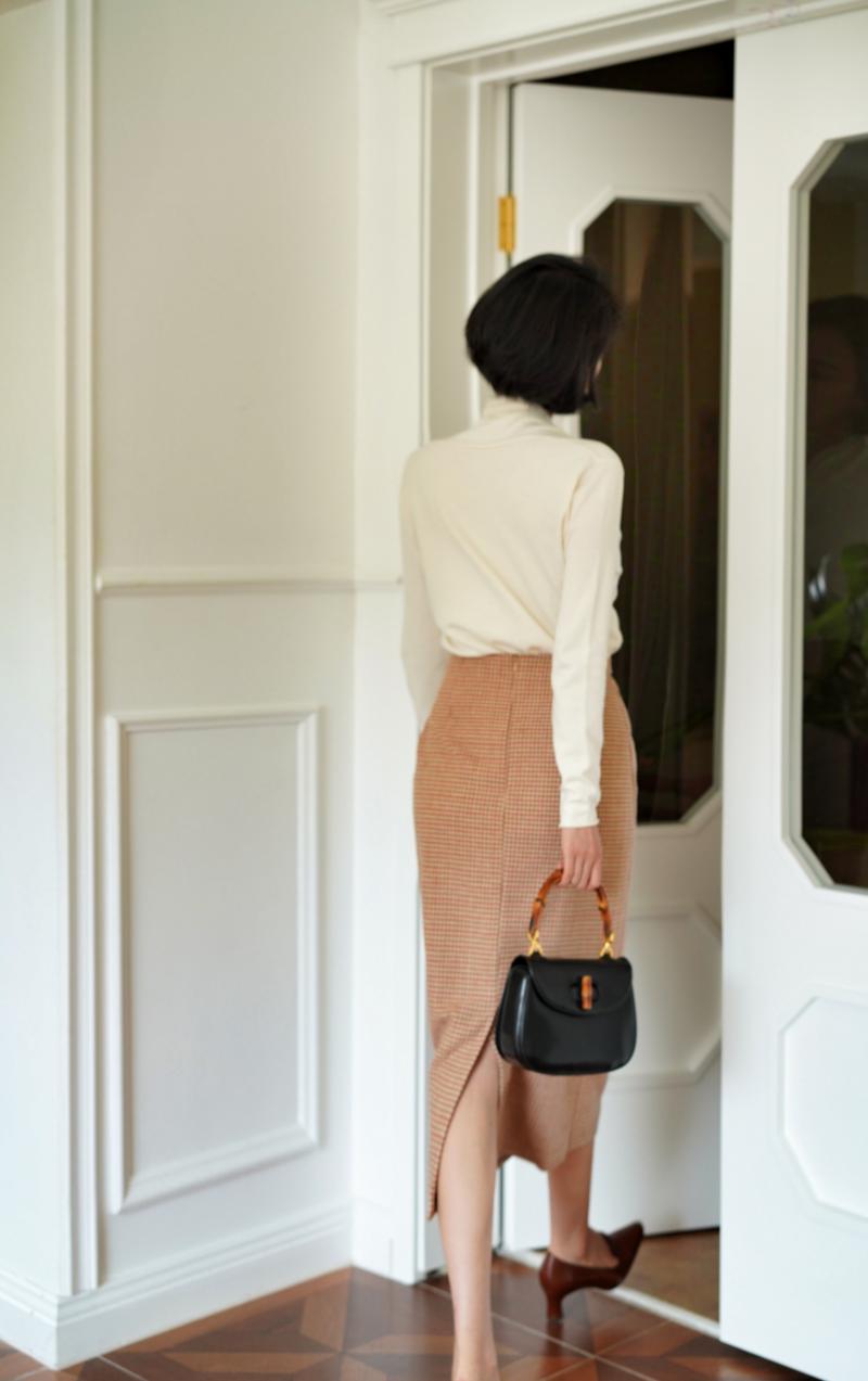 Orange brown houndstooth tweed tube skirt