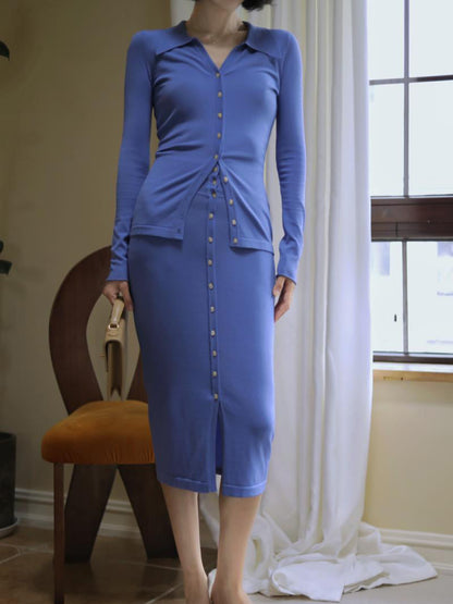 Blue-purple Lady Slim Knit Cardigan and Slim Knit Skirt