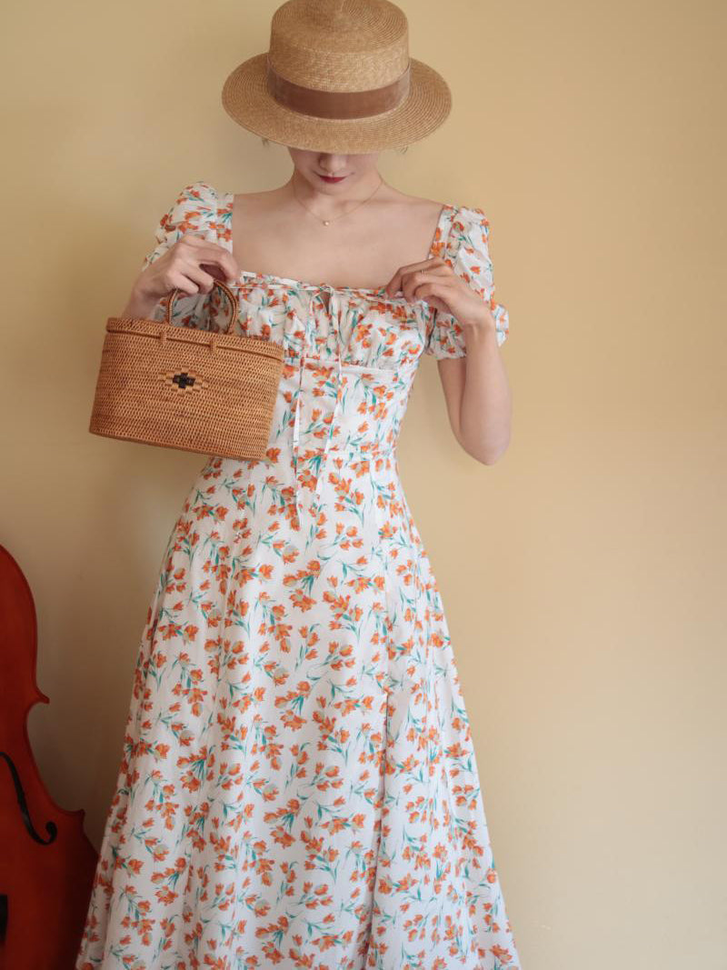 Red Orange Flower Pattern French Retro Dress