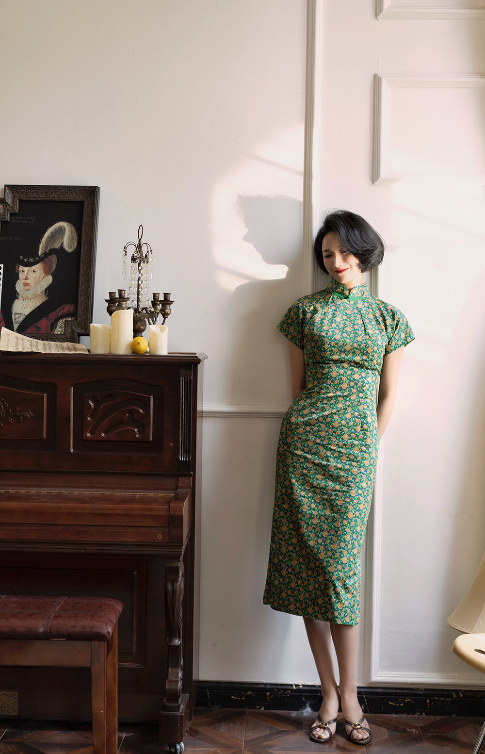 Deep green small sunflower cheongsam dress