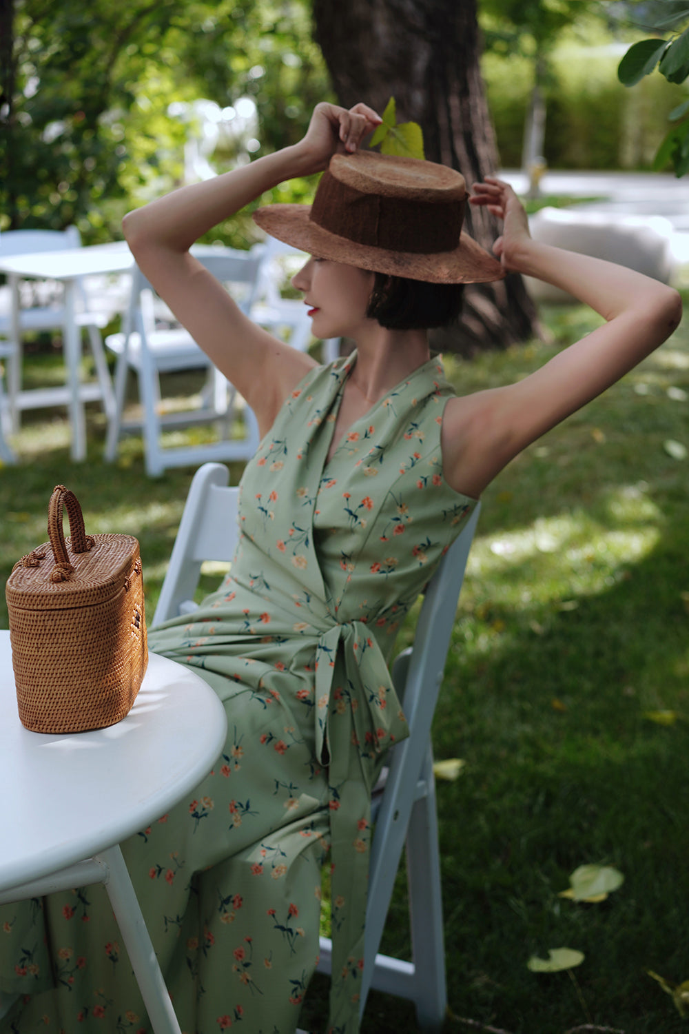 Gray green wrap sleeveless dress