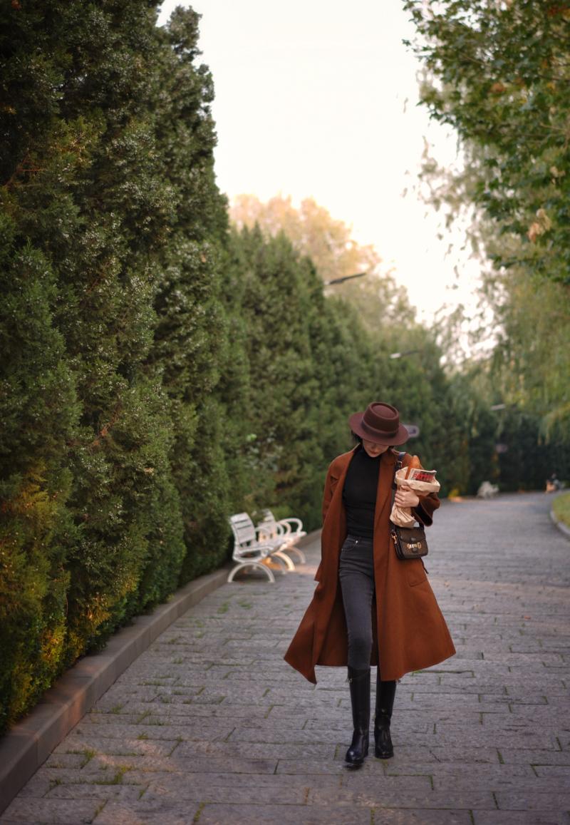 Gray Brown Lady Classical Long Wool Coat