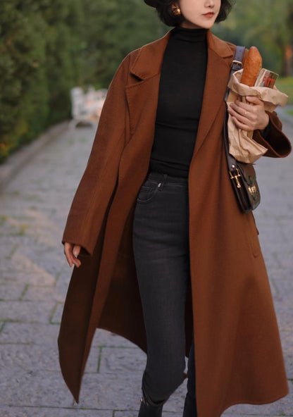 Gray Brown Lady Classical Long Wool Coat