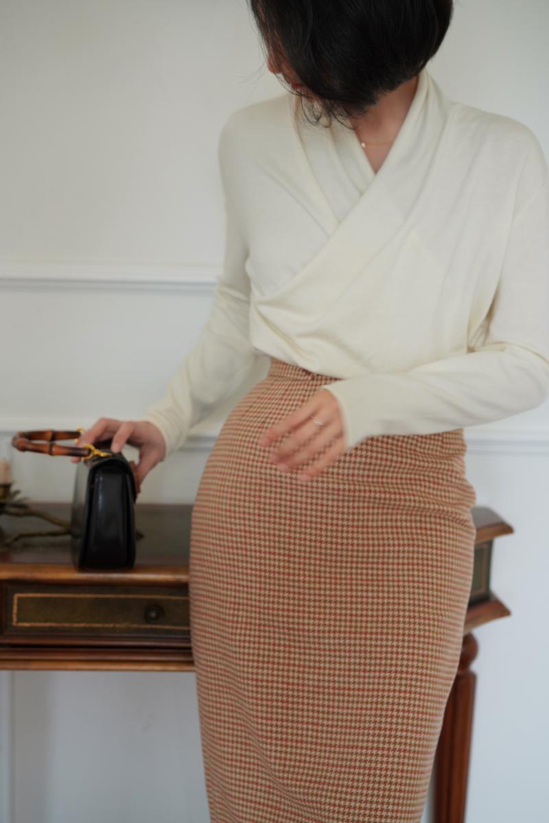 Orange brown houndstooth tweed tube skirt