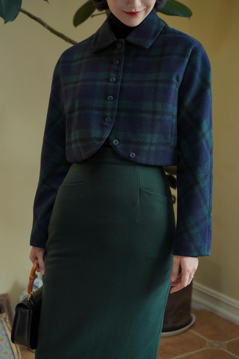 Indigo Green Plaid Classical Short Jacket