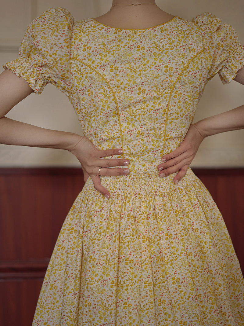 Yellow flower retro dress and embroidered apron