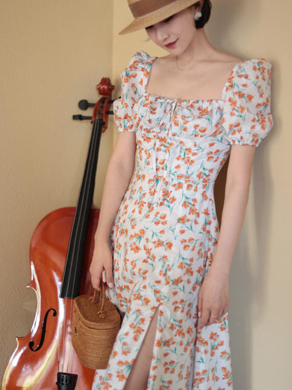 Red Orange Flower Pattern French Retro Dress