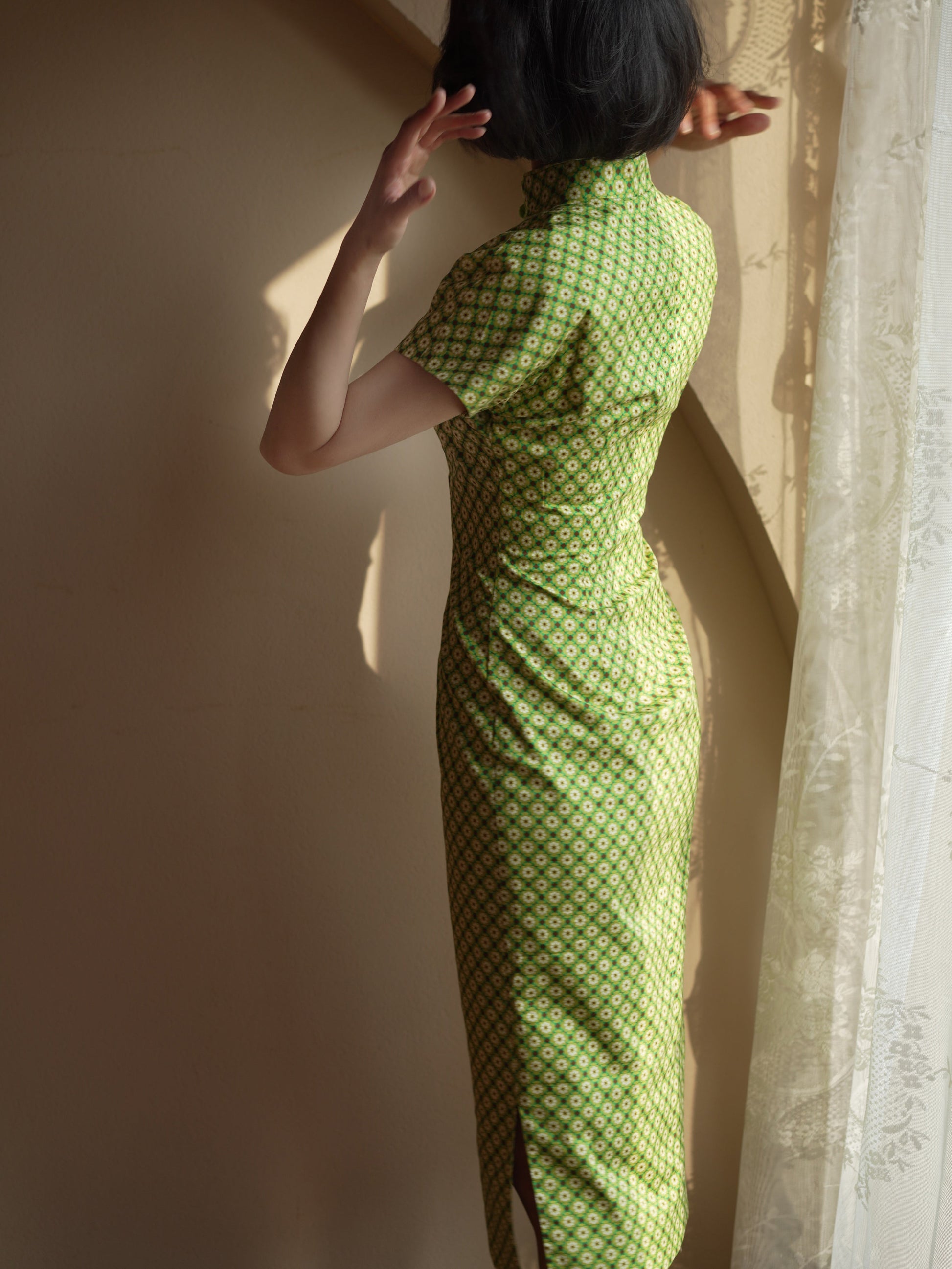 yellow green cheongsam dress