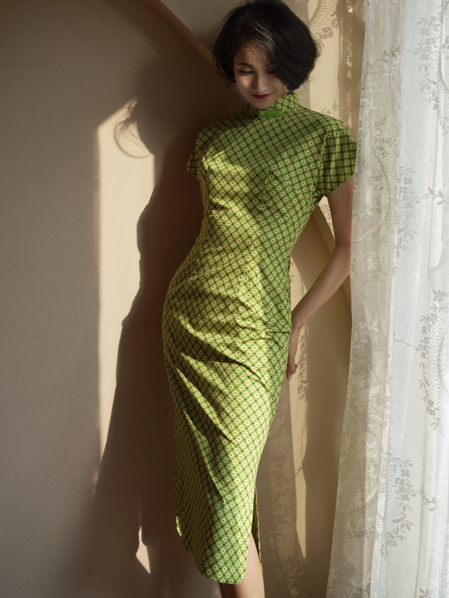 yellow green cheongsam dress