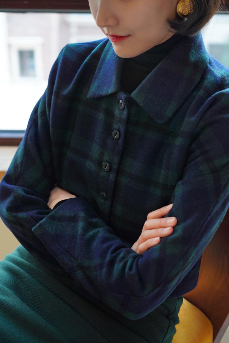 Indigo Green Plaid Classical Short Jacket