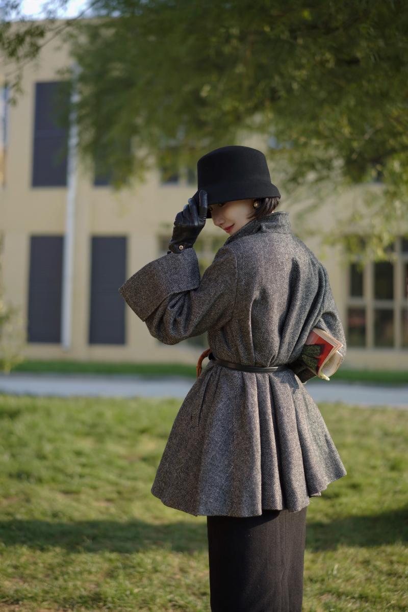 Black lady herringbone wool coat